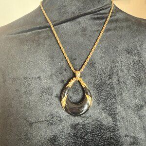 Vintage Signed Trifari Black Enamel Gold Tone Statement Pendant Necklace